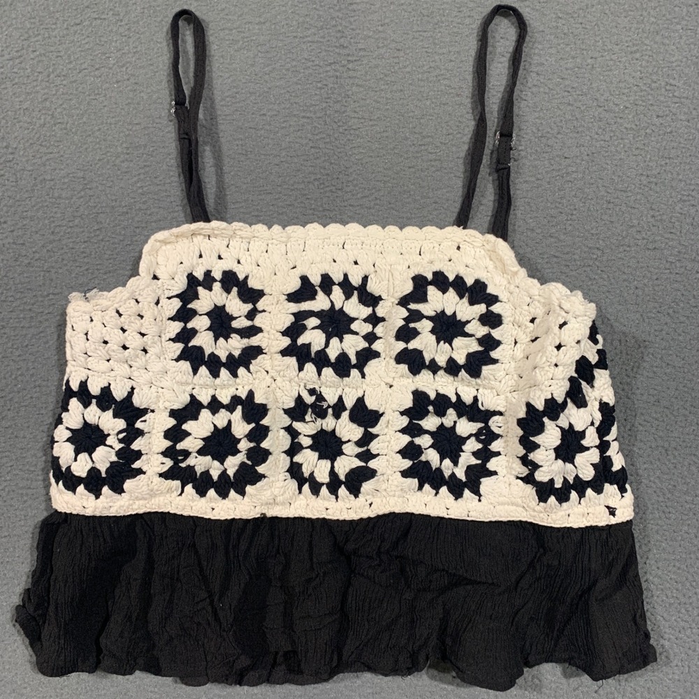 Rebellion Again Crochet Cami Women L Black White Festival Granny‎ Square Boho